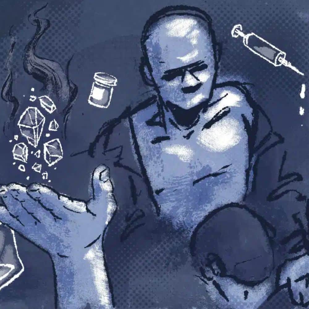 Illustration of a man under the influence of Monkey Dust with paranoid and hallucinatory states