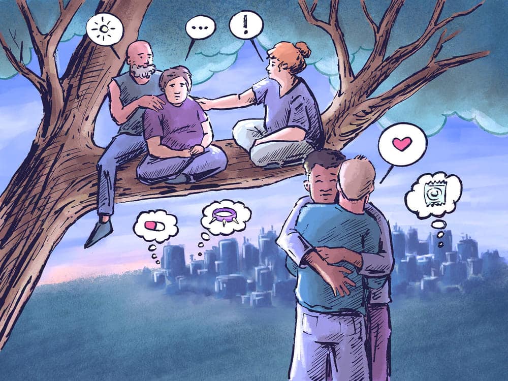 Illustration of several queer people in a tree: a group are talking to one another, whilst in the foreground two men are hugging. The thought bubbles show, amongst other things, a heart, medication and a condom.
