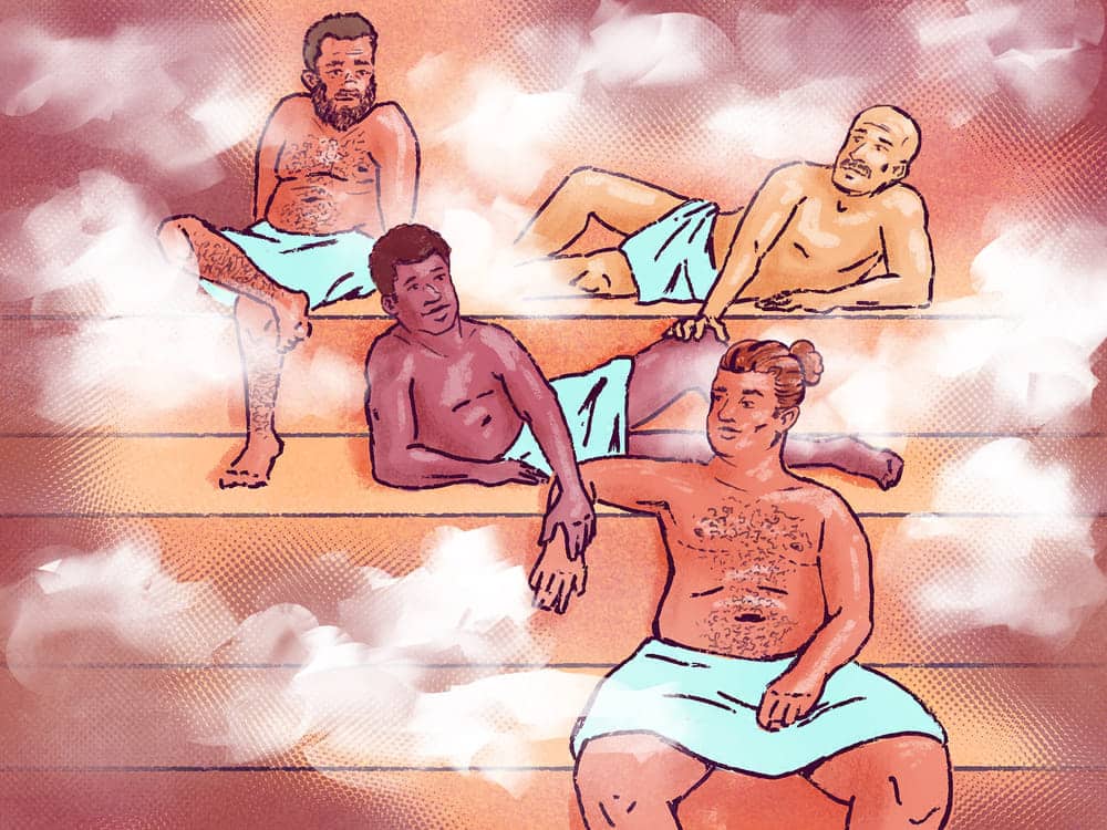 Illustration zur Geschichte der Gay Sauna mit mehreren Männern in einer stilisierten Saunalandschaft