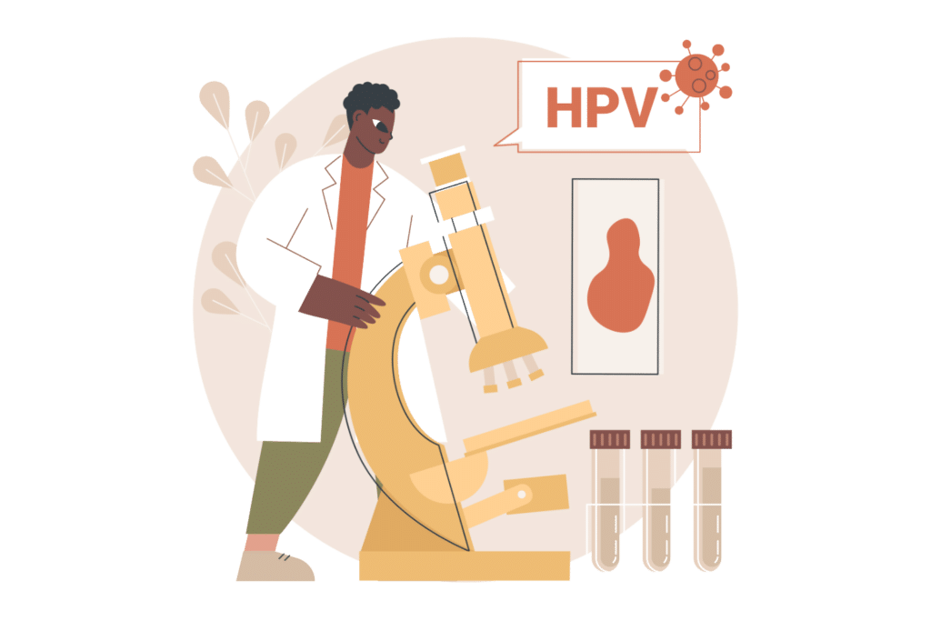 Illustration zu HPV-Tests: Person im Labor mit Mikroskop und Probenröhrchen.