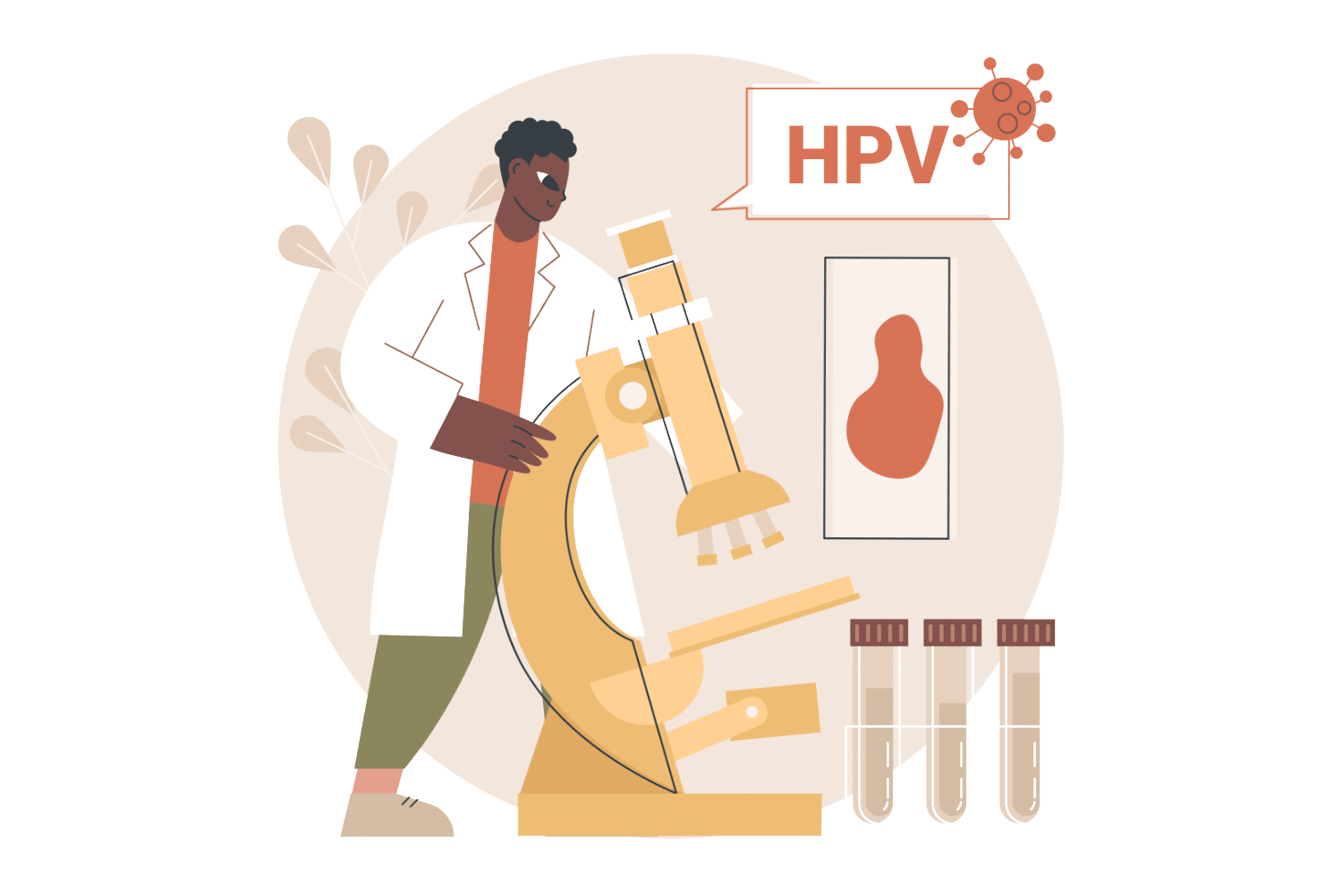 Illustration zu HPV-Tests: Person im Labor mit Mikroskop und Probenröhrchen.