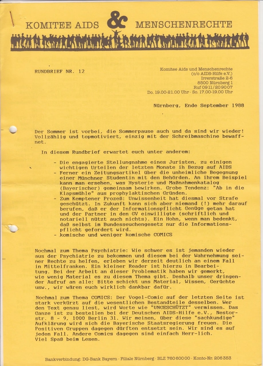 Gelber Rundbrief Nr. 12 des Komitee AIDS und Menschenrechte aus Nürnberg, Ende September 1988.