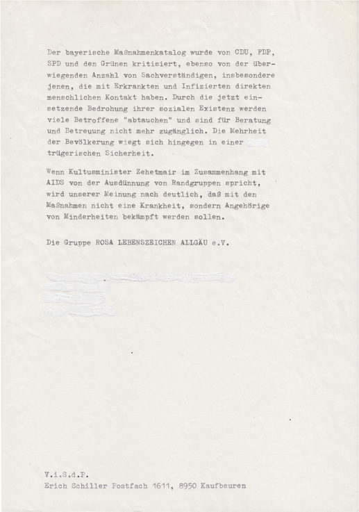 Textseite von Rosa Lebenszeichen Allgäu zu AIDS, bayerischem Maßnahmenkatalog und gesellschaftlicher Ausgrenzung.