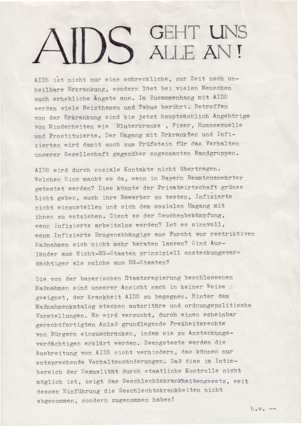 Textdokument mit der Überschrift „AIDS geht uns alle an!“ zur gesellschaftlichen Verantwortung im Umgang mit AIDS.