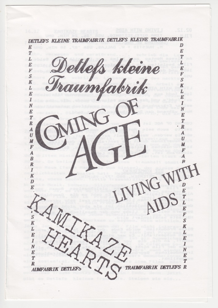 Flyer von Detlefs kleine Traumfabrik mit den Titeln „Coming of Age“, „Living with AIDS“ und „Kamikaze Hearts“.