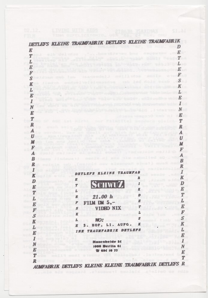 Schwarz-weißer Flyer für „Detlefs kleine Traumfabrik“ im SchwuZ mit Filmhinweis und Eintrittspreis.