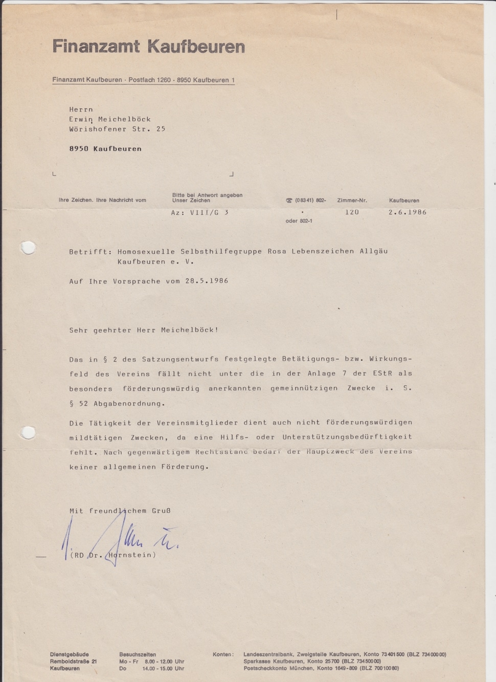 Schreiben des Finanzamts Kaufbeuren an Rosa Lebenszeichen Allgäu zur steuerlichen Bewertung des Vereins.