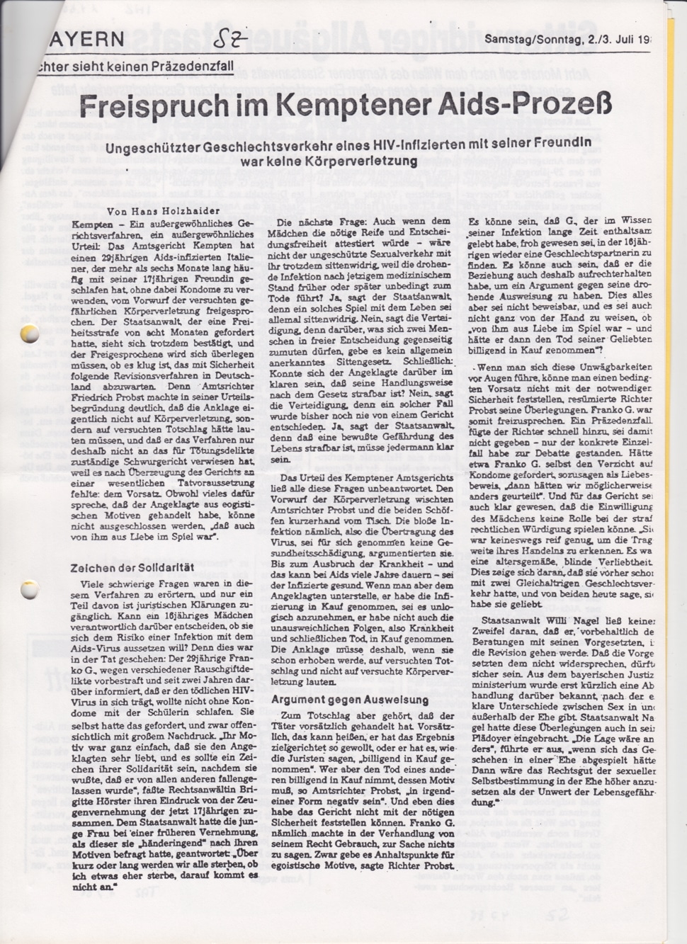 Zeitungsartikel „Freispruch im Kemptener Aids-Prozeß“ über ein Urteil im Kontext HIV und Strafrecht.