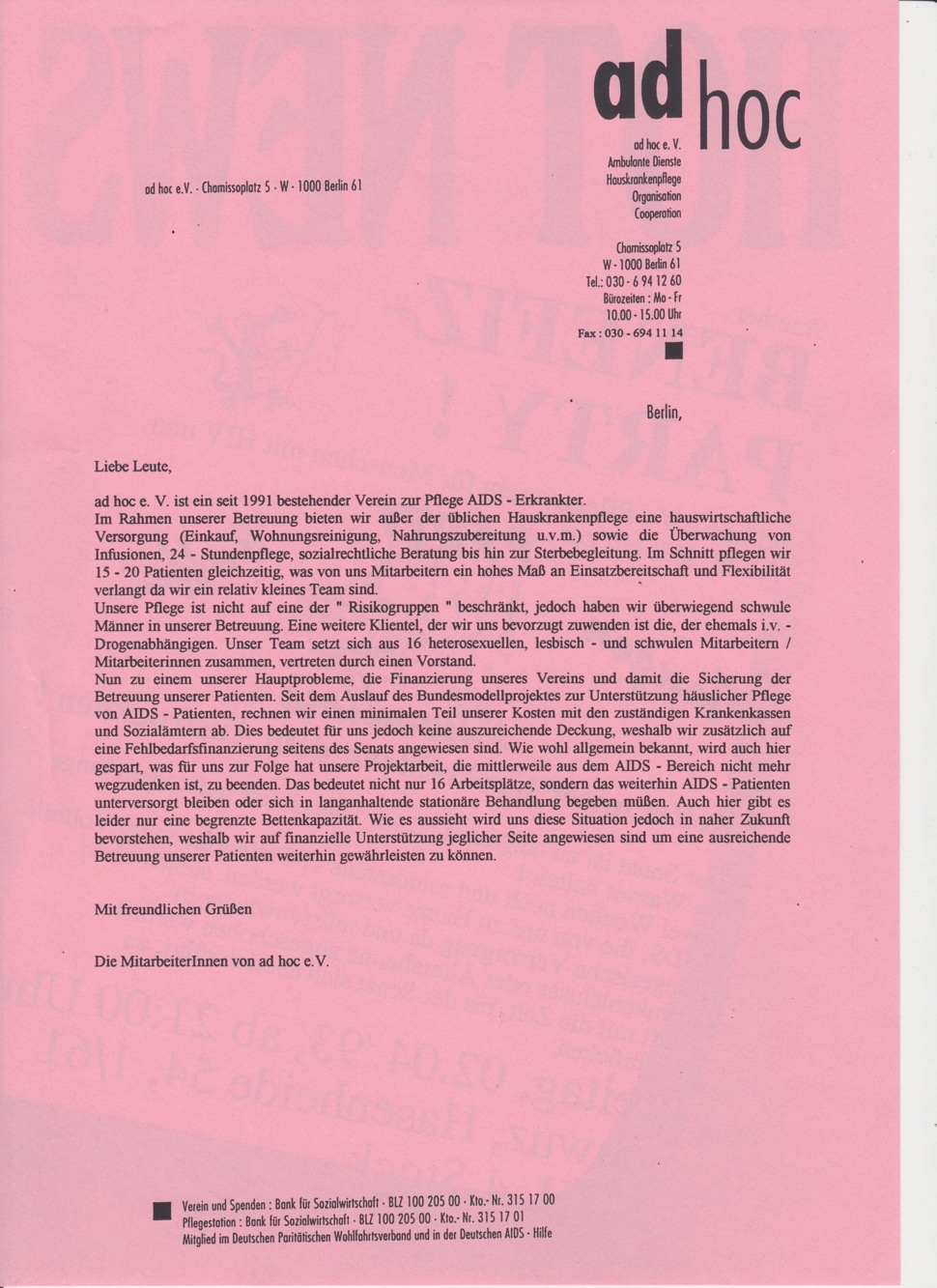 Pinker Briefbogen von ad hoc e. V. mit Schreiben zur Pflege und Betreuung von Menschen mit HIV und AIDS.