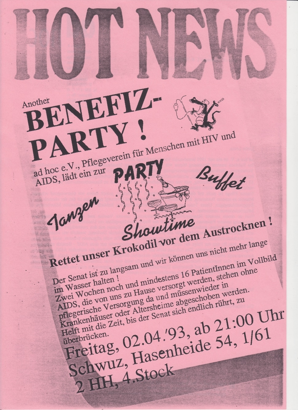 Pinker Hot-News-Flyer zur Benefiz-Party von ad hoc e. V. im SchwuZ Berlin am 02.04.1993.