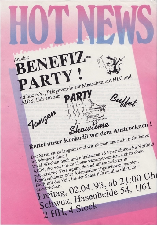 Pinker Hot-News-Flyer zur Benefiz-Party von ad hoc e. V. im SchwuZ Berlin am 02.04.1993.
