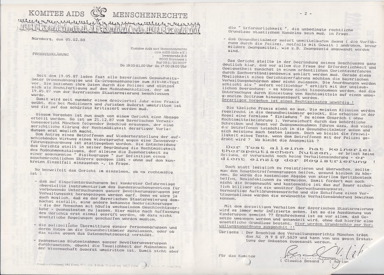 Presseerklärung des Komitee AIDS und Menschenrechte vom 05.02.1988 zu HIV-Tests und staatlichen Maßnahmen in Bayern.