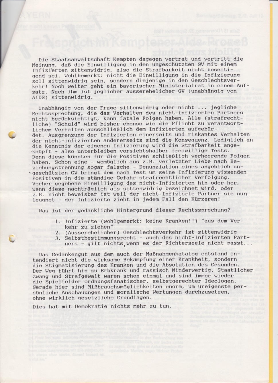Textseite aus einem Rundbrief des Komitee AIDS und Menschenrechte zur Rechtsprechung im Kontext HIV und AIDS.