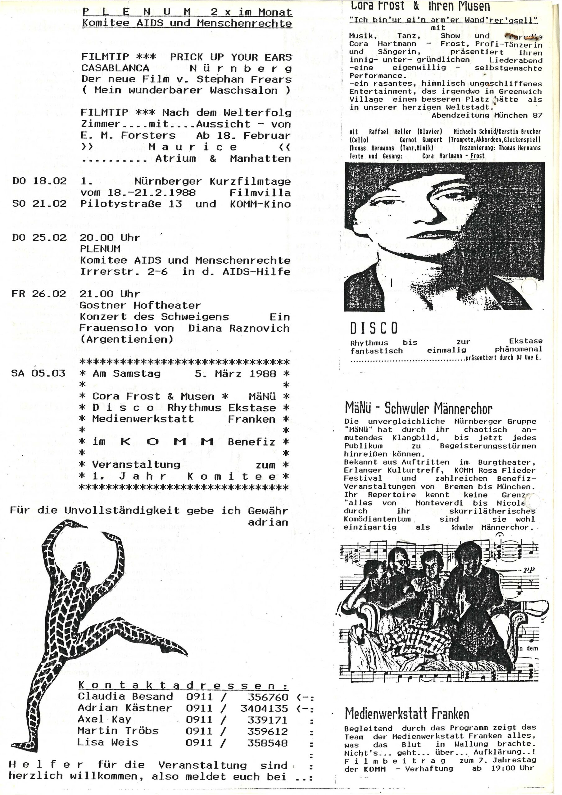 Schwarz-weißes Programmblatt des Komitee AIDS und Menschenrechte mit Terminen, Filmtipps und Benefizveranstaltung im März 1988.