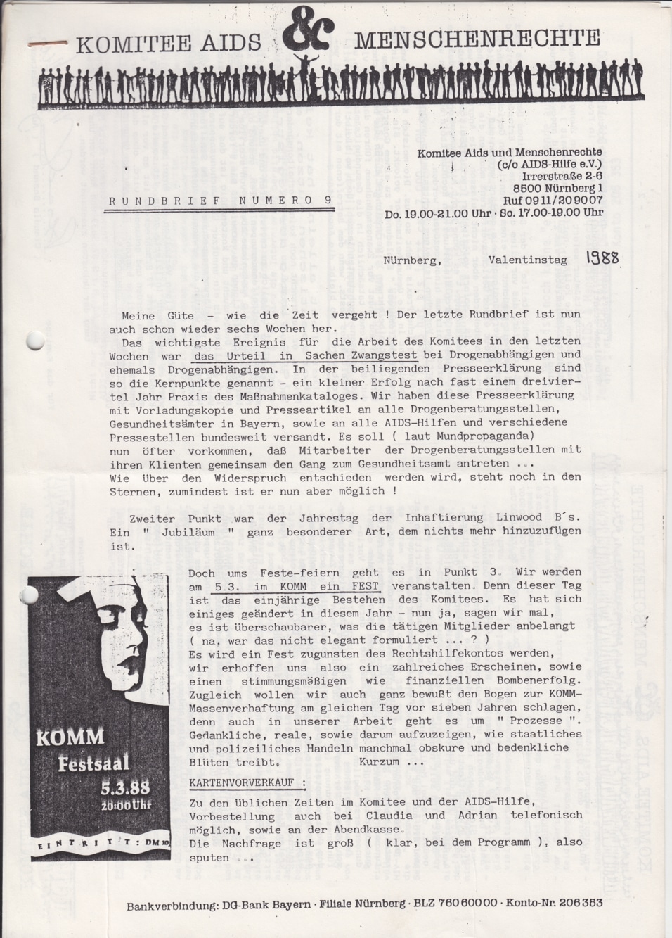 Rundbrief Nr. 9 des Komitee AIDS und Menschenrechte aus Nürnberg vom Valentinstag 1988.