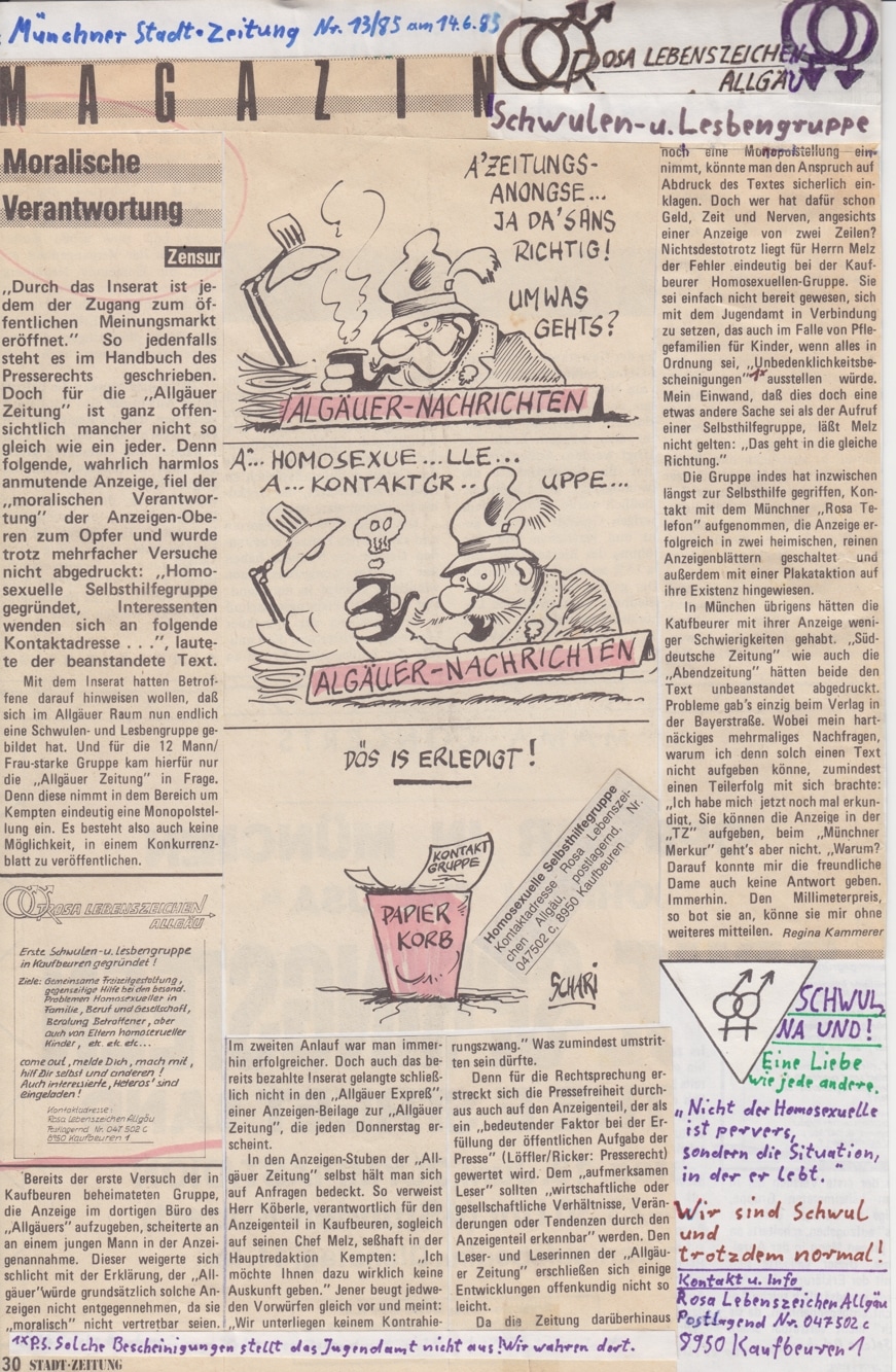 Zeitungsartikel „Moralische Verantwortung“ aus der Münchner Stadt-Zeitung mit Materialien von Rosa Lebenszeichen Allgäu.