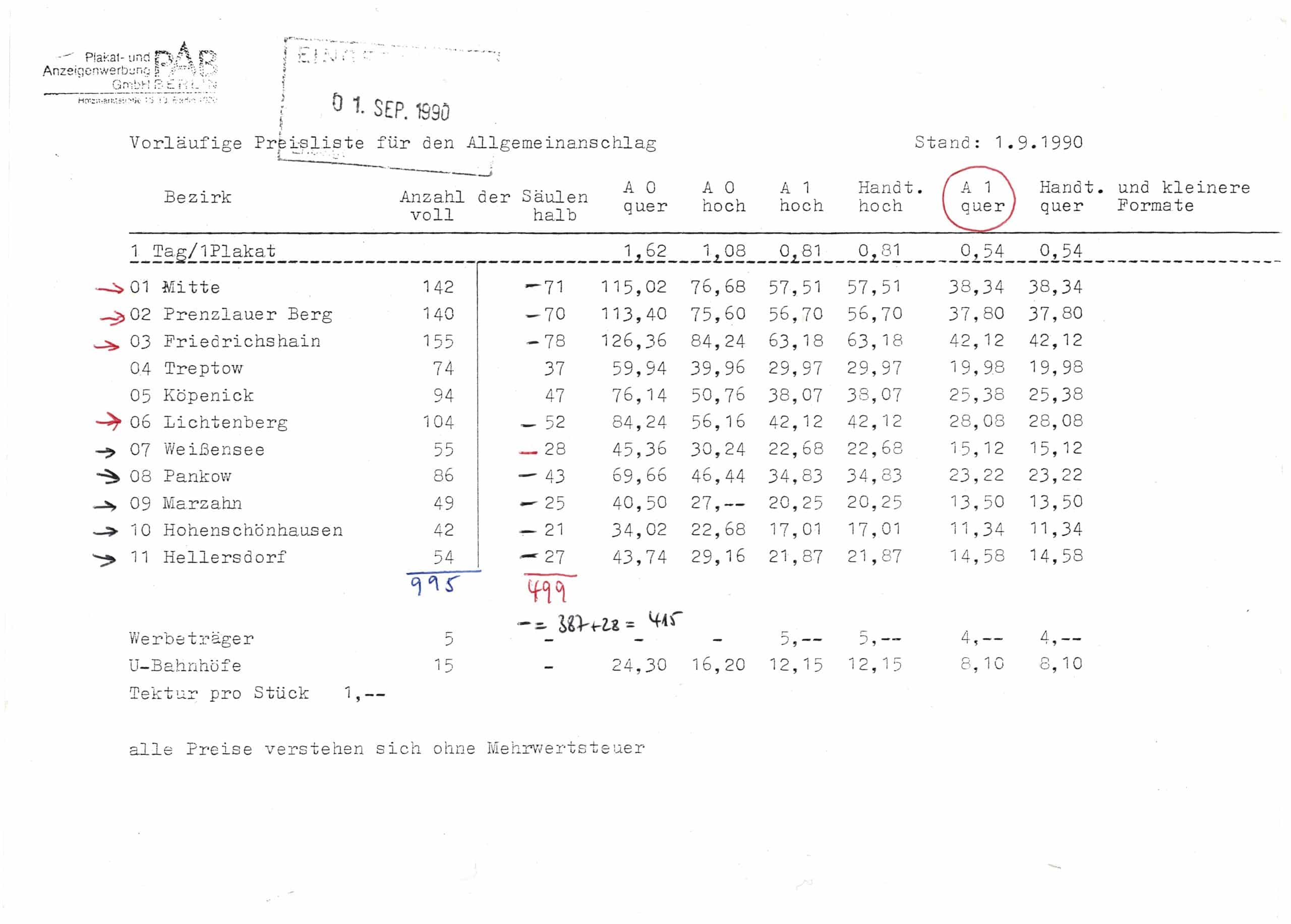 Vorläufige Preisliste für den Allgemeinanschlag in Berlin mit Bezirken, Plakatflächen und Preisen, Stand 01.09.1990.