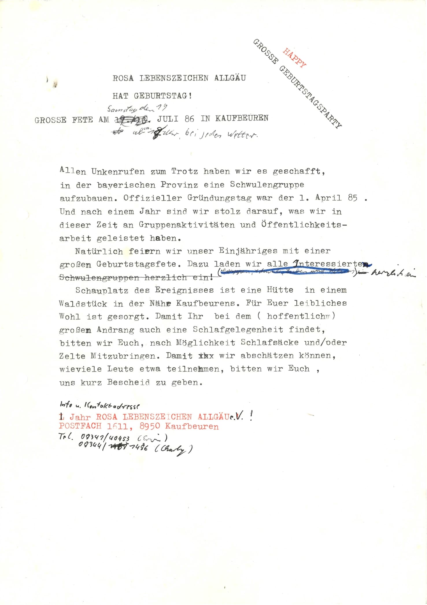Einladungsschreiben von Rosa Lebenszeichen Allgäu zur Geburtstagsfeier in Kaufbeuren 1986.