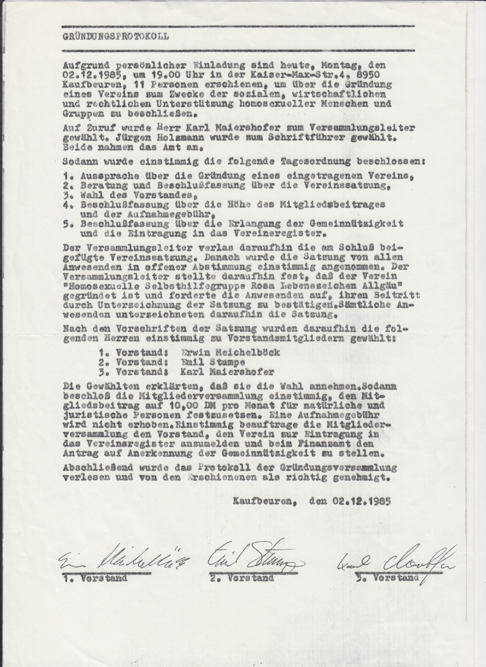 Gründungsprotokoll von Rosa Lebenszeichen Allgäu aus Kaufbeuren vom 02.12.1985.