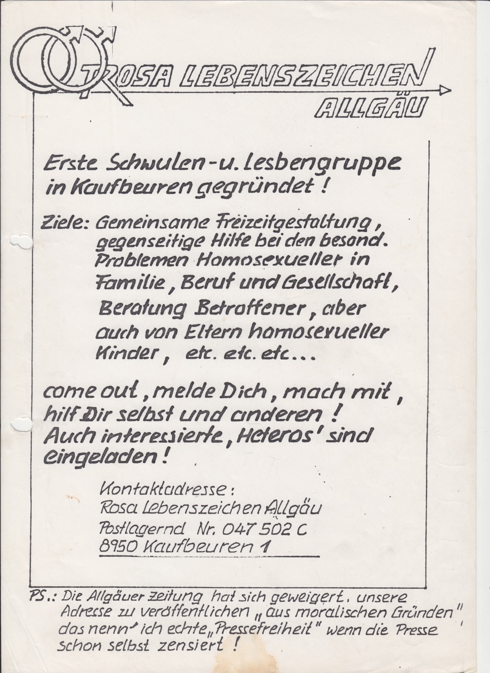 Informationsblatt von Rosa Lebenszeichen Allgäu zur Gründung der ersten Schwulen- und Lesbengruppe in Kaufbeuren.