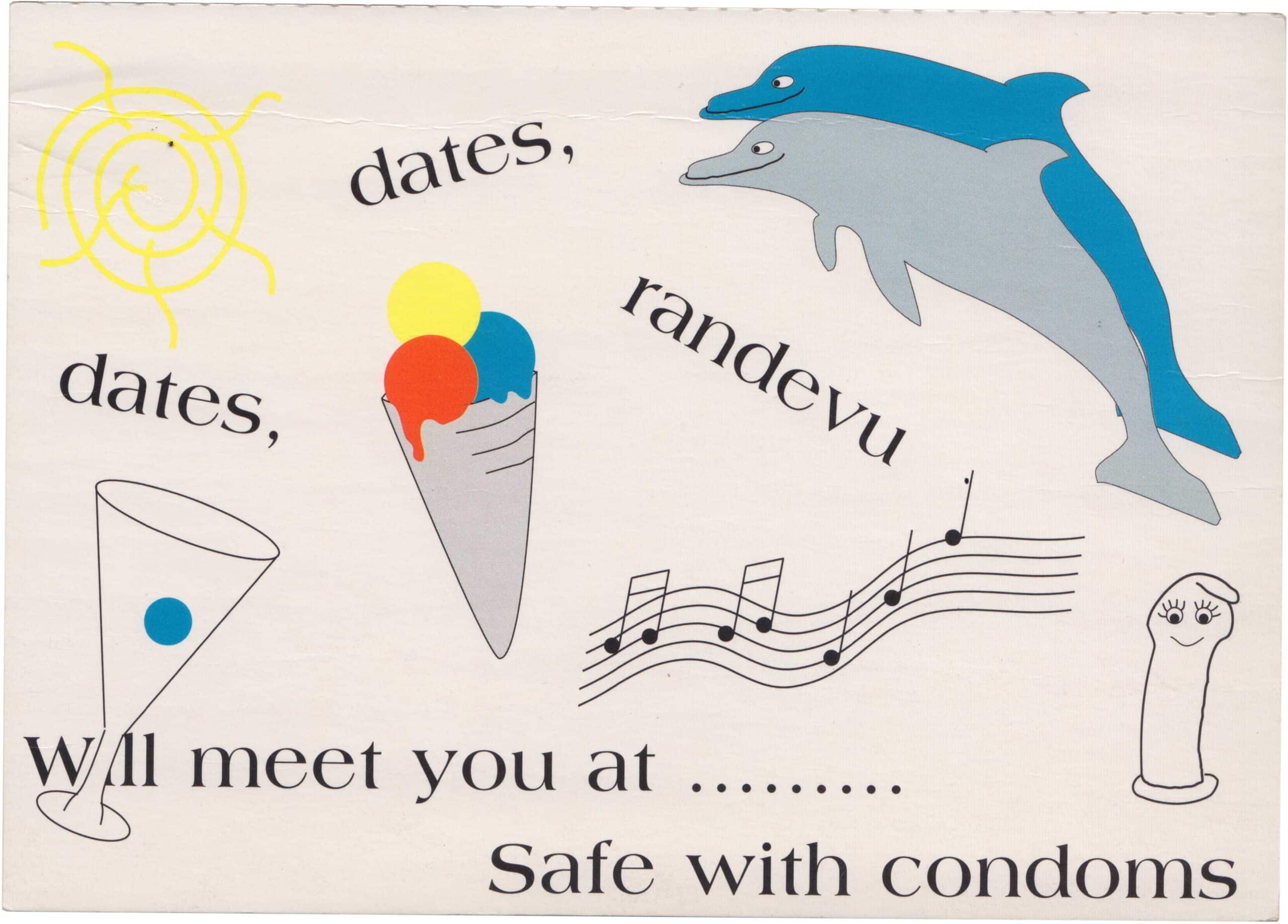 Mehrsprachiges Safer-Sex-Plakat mit Delfinen, Kondom-Illustration und dem Hinweis „Safe with condoms“.