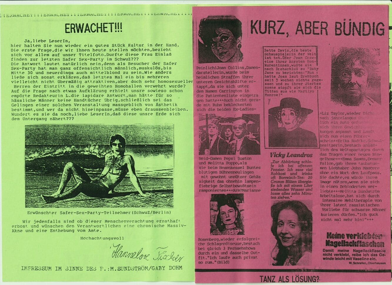 Zweifarbiger Zeitungsausschnitt mit den Rubriken „Erwachet!!!“ und „Kurz, aber bündig“ mit Bezug zur Safer-Sex-Party im SchwuZ.
