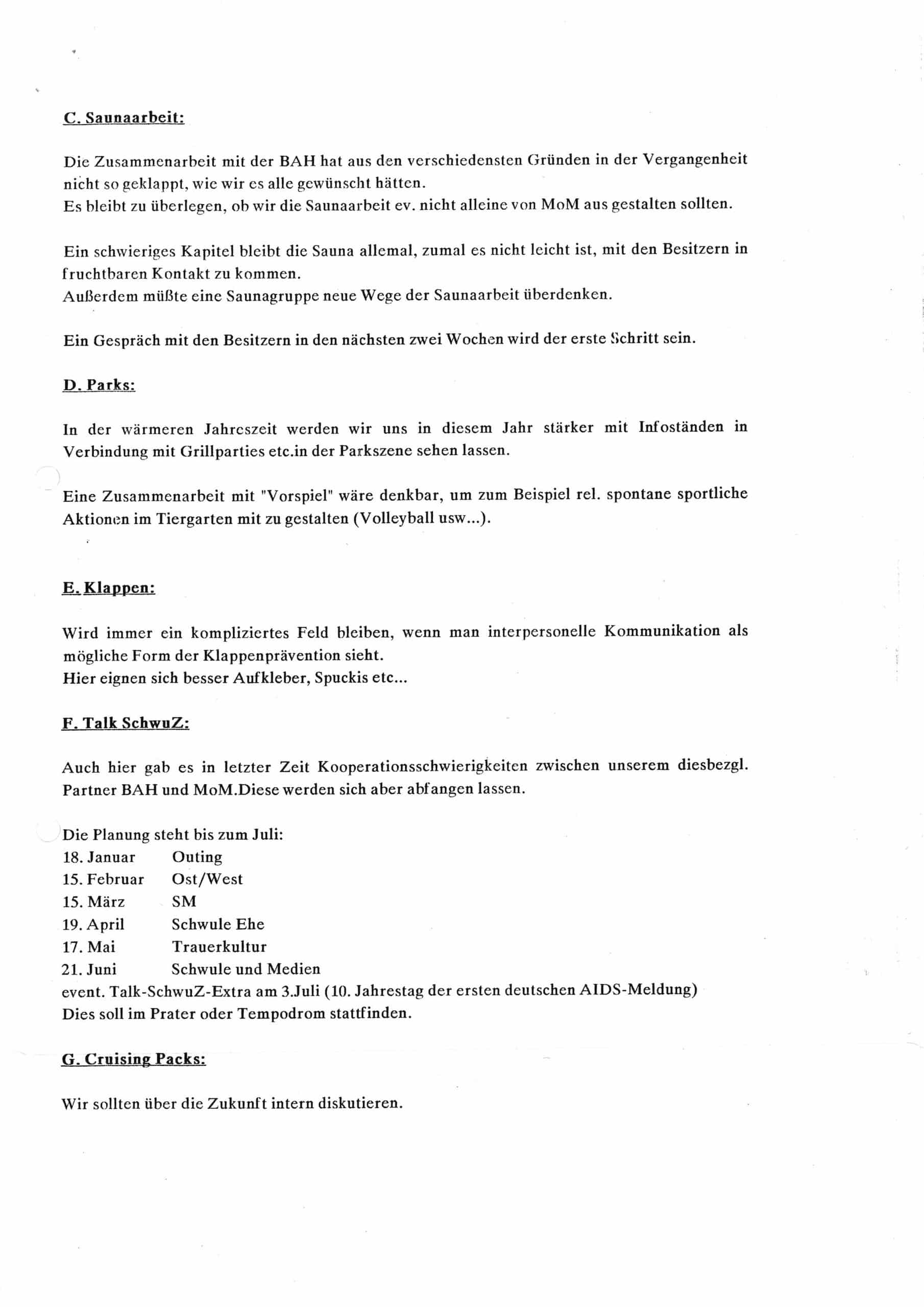 Textdokument zu Saunaarbeit, Parks, Klappen, Talk SchwuZ und Cruising Packs im Kontext HIV-Präventionsarbeit.