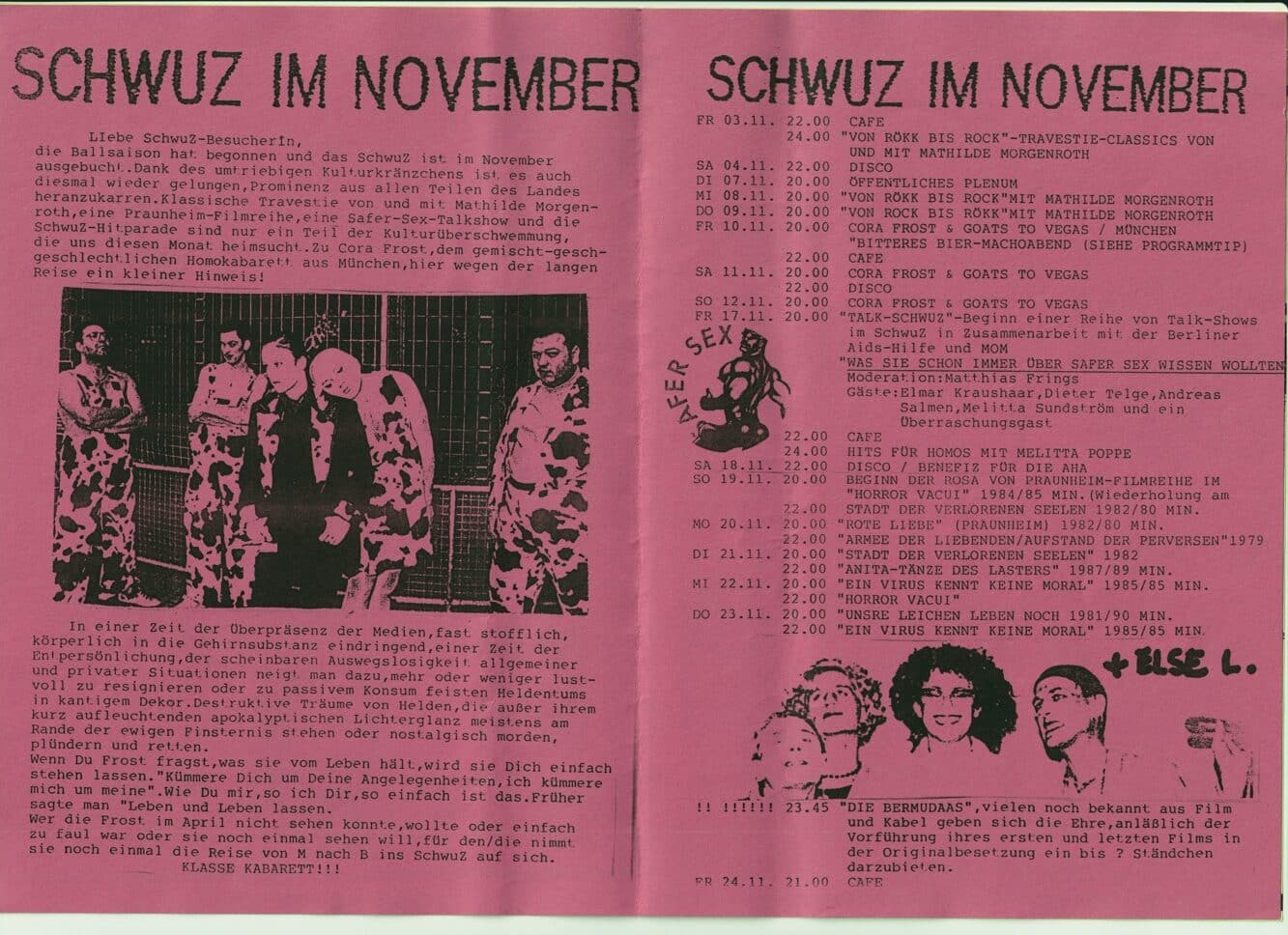 Rosa Monatsprogramm „SchwuZ im November“ mit Veranstaltungsterminen, Textbeitrag und Bildern.
