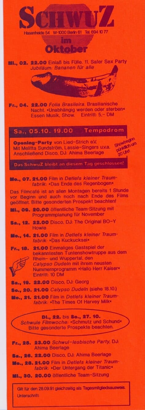 Orangefarbenes SchwuZ-Monatsprogramm für Oktober 1991 mit Veranstaltungsterminen und Bananenmotiv.