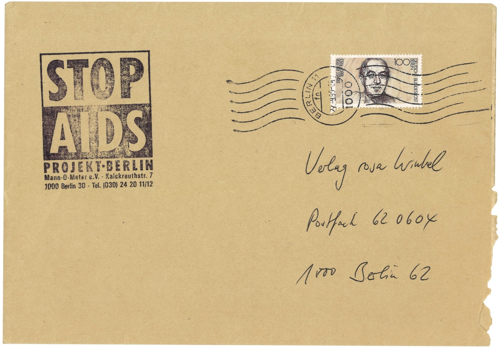 Briefumschlag des STOP AIDS Projekt Berlin mit Poststempel und handschriftlicher Adresse.