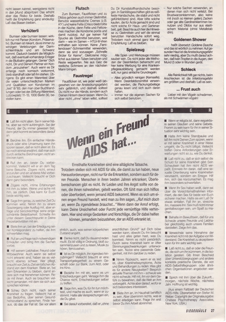 Zeitungsseite mit Safer-Sex-Hinweisen und dem Beitrag „Wenn ein Freund AIDS hat...“.