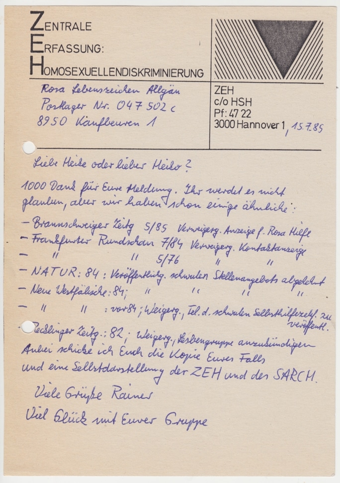 Handschriftliches Schreiben der Zentralen Erfassung Homosexuellendiskriminierung an Rosa Lebenszeichen Allgäu von 1985.