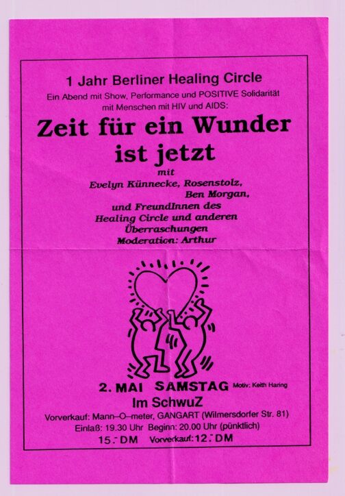 Pinker Flyer zur Veranstaltung „Zeit für ein Wunder ist jetzt“ im SchwuZ mit Herz-Illustration.