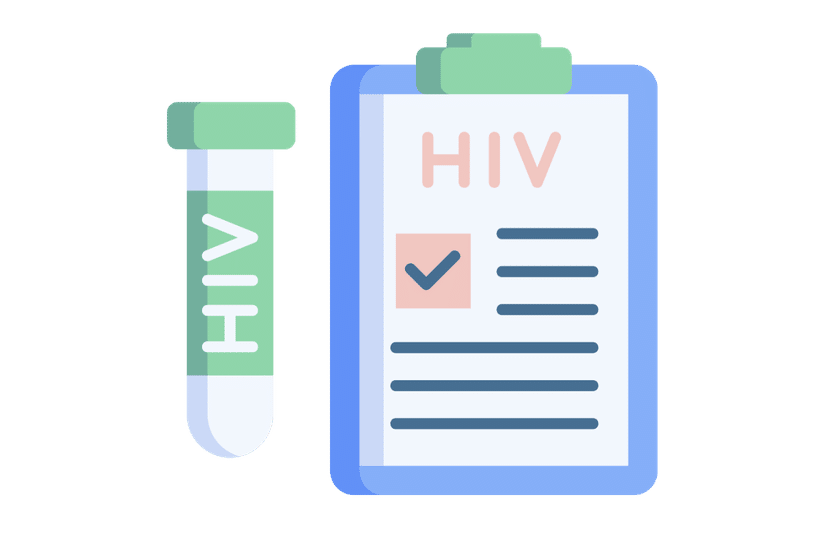 Illustration eines HIV-Tests mit Probenröhrchen und Testbefund.