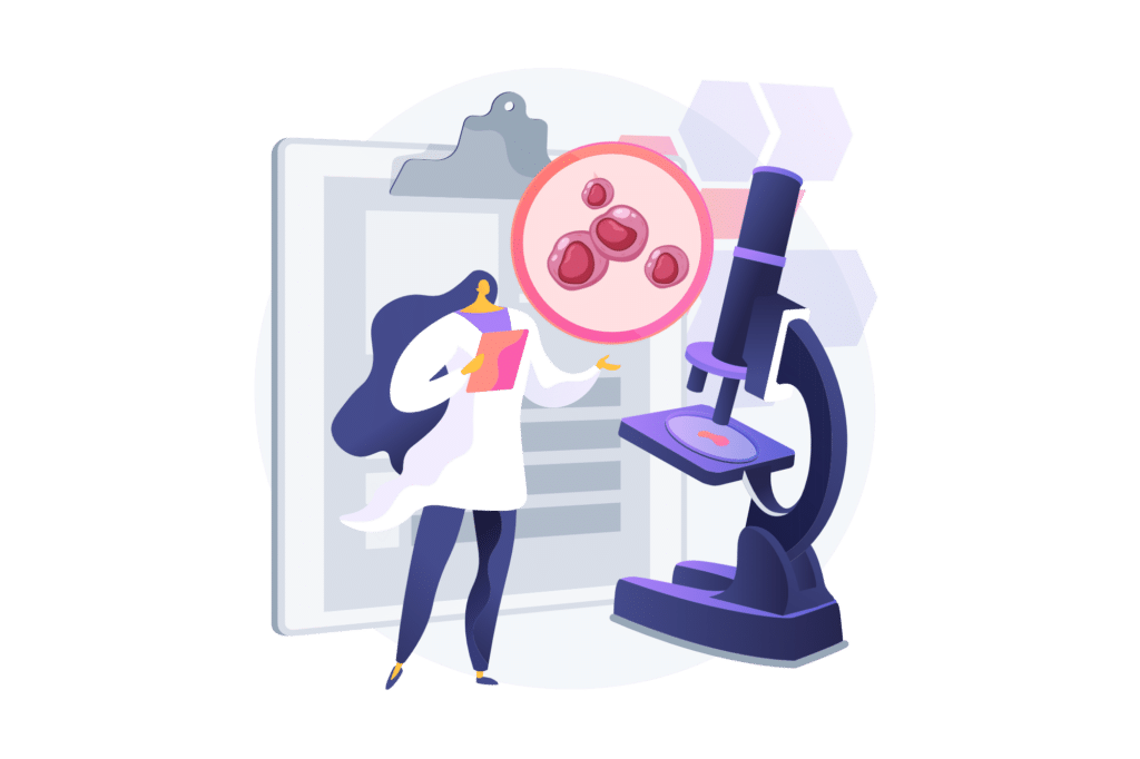 Illustration einer Person im Labor vor einem Mikroskop mit vergrößerter Darstellung von Chlamydien