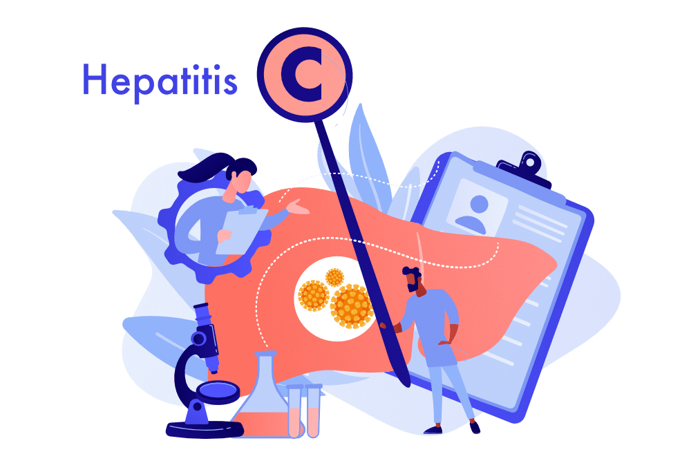 Illustration zu Hepatitis C mit Leber, Virusdarstellung und medizinischem Personal