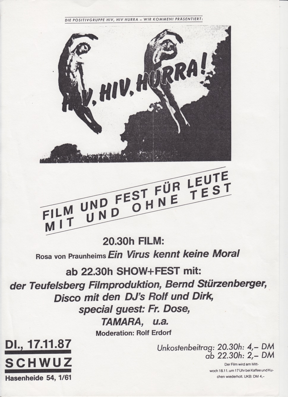 Schwarz-weißer Flyer zur Veranstaltung „HIV, HIV, Hurra!“ im SchwuZ Berlin 1987 mit Film, Show und Fest.