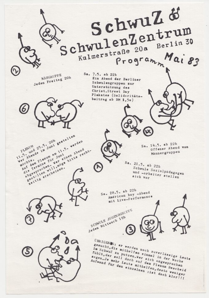 Schwarz-weißes SchwuZ-Programm für Mai 1983 mit handgezeichneten Figuren und Veranstaltungshinweisen.