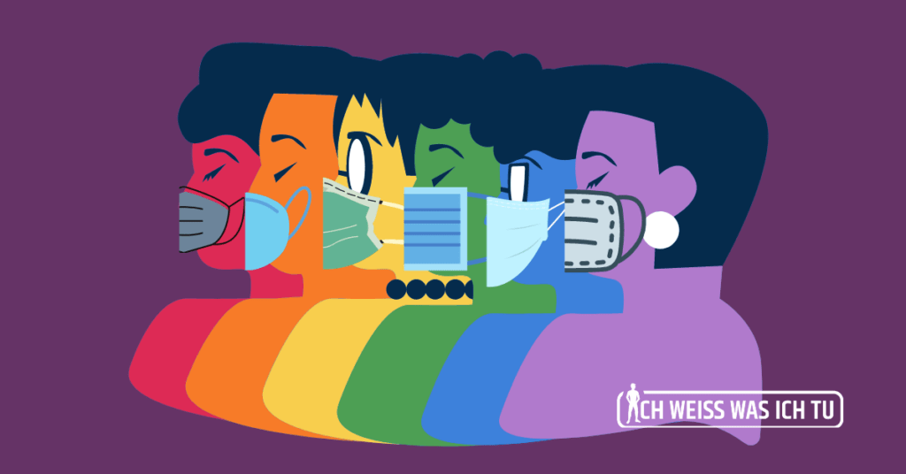 Grafik von 6 Personen, die eine Corona-Maske tragen, wobei jede Person in einer Farbe der Regenbogenfahne eingefärbt ist.
