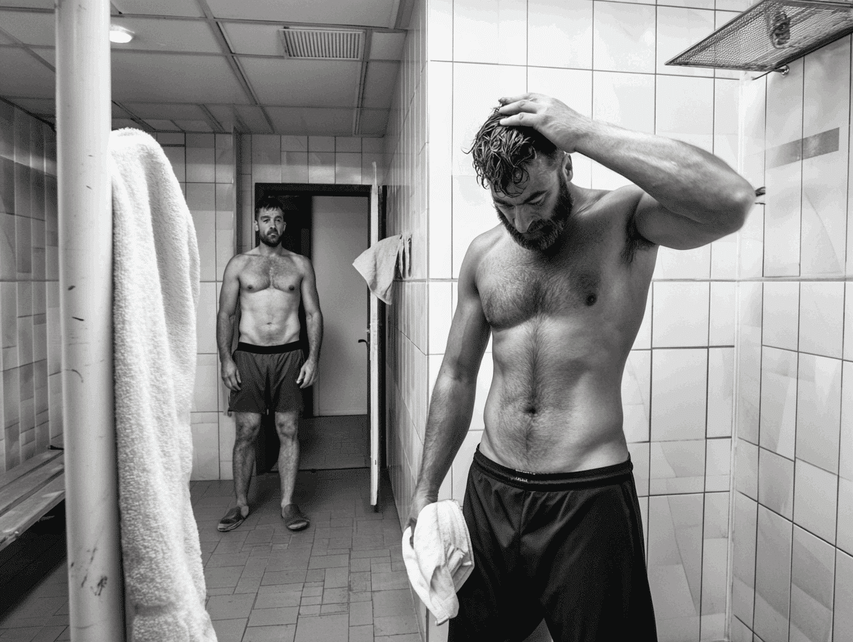 Zwei Männer in der Dusche eines Fitnessstudios – einer schaut, der andere duscht