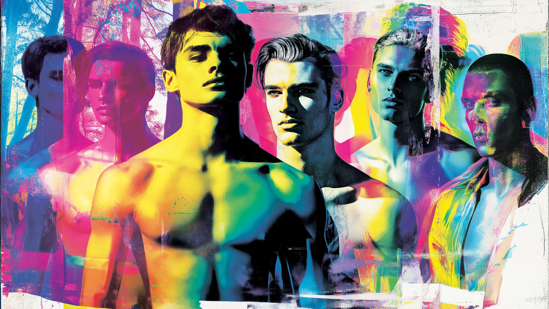 Several colourfully alienated naked male bodies in a pop art aesthetic - symbolic of queer cruising, desire and body freedom in public space.