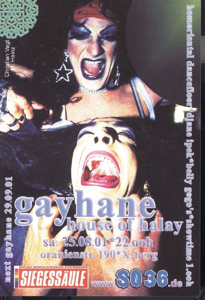 Plakat für die Gayhane-Party. Zwei queere Personen mit Make-Up sind zu sehen. Sie scheinen zu schreien. Darüber steht: "gayhane - house of halay"