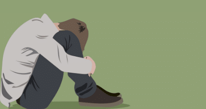 Illustration einer Person in gekrümmter Haltung – Symbol für Rückzug, Scham und Isolation