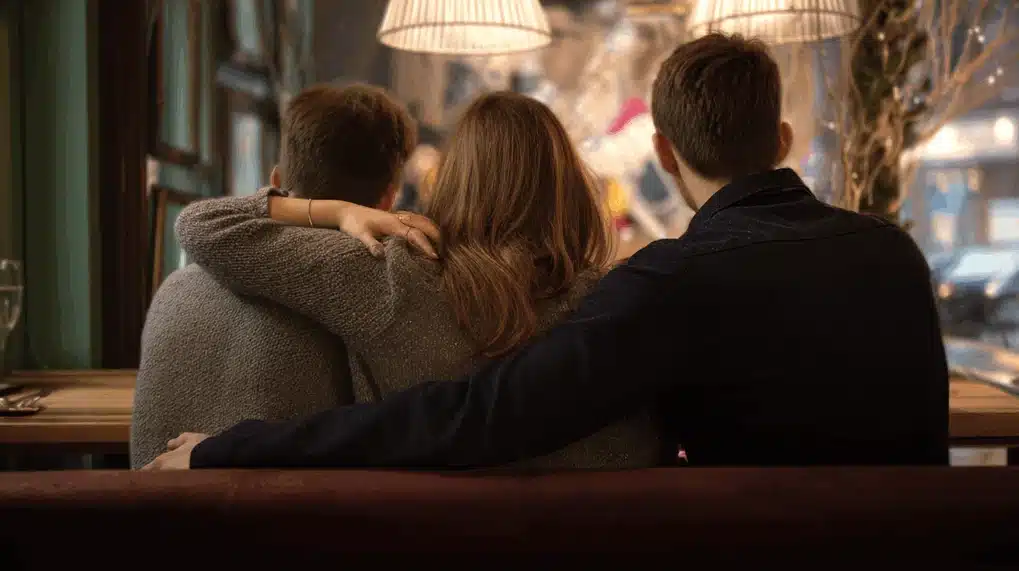 Drei Menschen sitzen eng beieinander in einem Café – Symbolbild für Liebe, Nähe und polyamore Beziehungen.