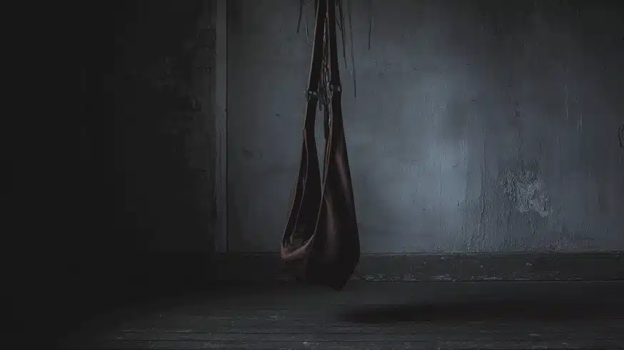 Leder-Sling hängt in einem dunklen Raum von der Decke.