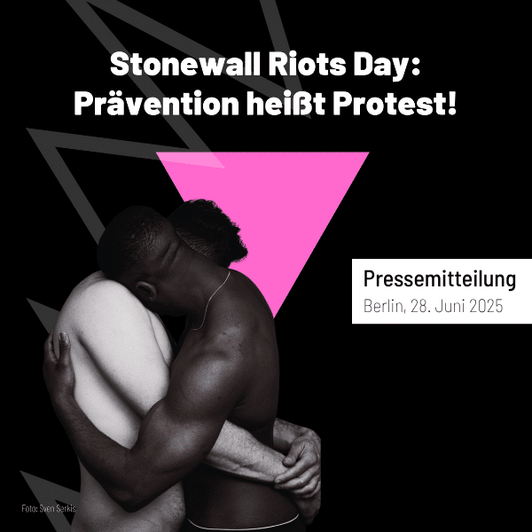 Two hugging men in front of a purple triangle - symbolic image for the press release "Stonewall Riots Day: Prevention means protest" by IWWIT