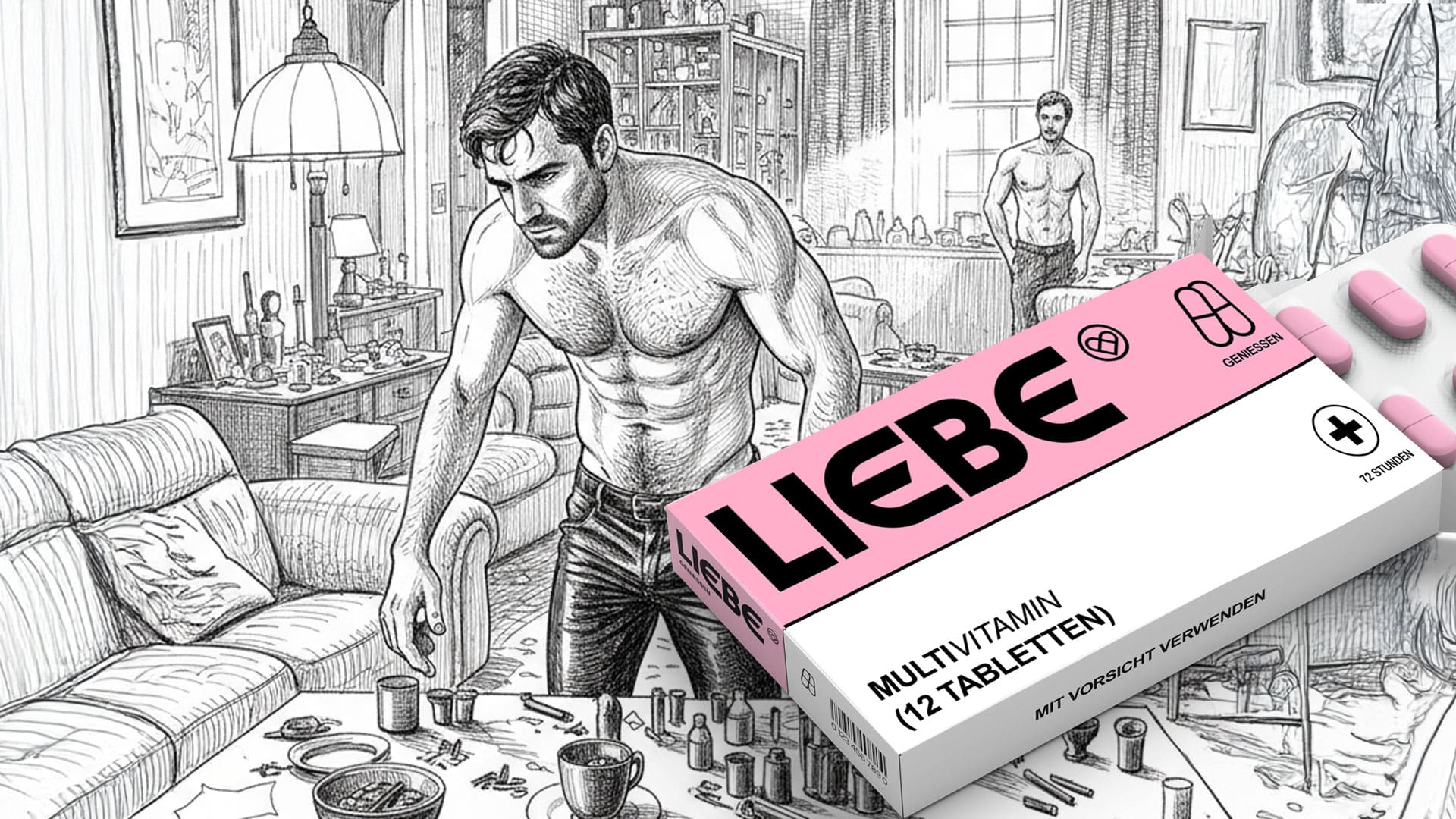 „Illustration of a man in a messy flat with drug paraphernalia and a packet of ‚love‘ – symbolic image for chemsex.“