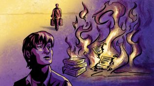 Eine Illustration zeigt eine Bücherverbrennung. Davor blickt eine nicht-binäre Person besorgt auf die brennenden Bücher. Im Hintergrund entfernt sich eine Person mit zwei Koffern.