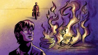 One illustration shows a book burning. In front of it, a non-binary person looks anxiously at the burning books. In the background, a person with two suitcases moves away.